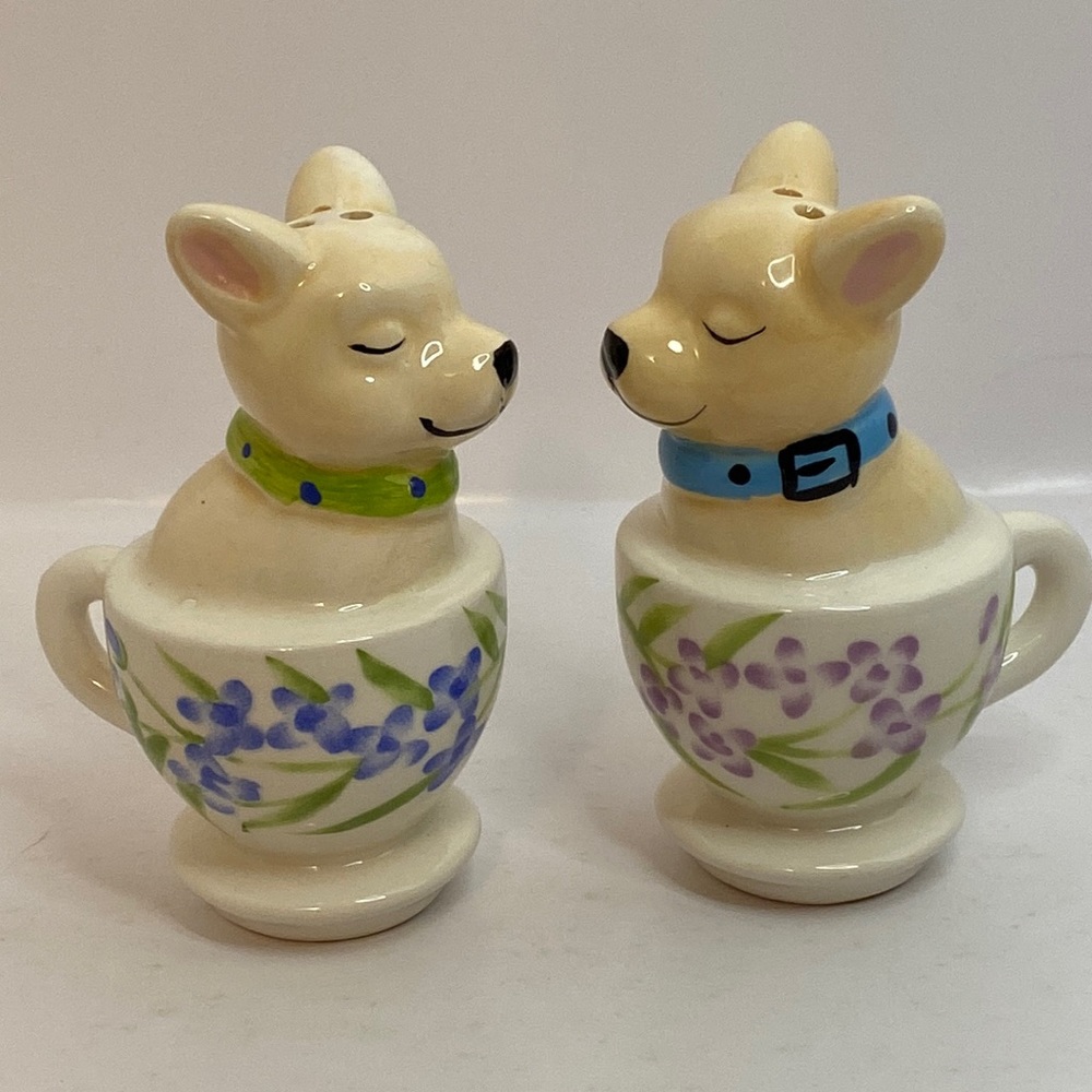 Salt and Pepper Shakers Dogs in Teacups Ceramic 3 1/2” high
